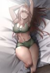  1girl arms_up bed breasts brown_eyes brown_hair cleavage crop_top day goddess_of_victory:_nikke haru_(hr_works) highres indoors knee_up large_breasts long_hair looking_at_viewer lying navel on_back on_bed open_mouth rapi_(nikke) short_shorts shorts solo 