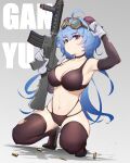  1girl absurdres ahoge arm_up bare_shoulders bikini black_bikini black_choker black_footwear black_thighhighs blue_hair breasts character_name choker commentary_request elbow_gloves ganyu_(genshin_impact) genshin_impact gloves goggles goggles_on_head grey_background gun hand_up high_heels highres holding holding_gun holding_weapon horns large_breasts long_hair looking_at_viewer nathda navel purple_eyes rifle shell_casing solo squatting stomach swimsuit thighhighs thighs very_long_hair weapon white_gloves 