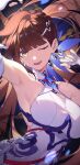  1girl ;d absurdres arm_up armpits bare_shoulders black_gloves blunt_bangs brown_hair commentary_request dress elbow_gloves fingerless_gloves gloves hand_up highres honkai_(series) honkai_impact_3rd li_sushang li_sushang_(jade_knight) long_hair looking_at_viewer one_eye_closed open_mouth sleeveless sleeveless_dress smile solo two-tone_gloves upper_body very_long_hair white_dress white_gloves yellow_eyes yumero 