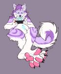  anthro blue_eyes canid canine canis domestic_dog feet foot_focus fur hi_res husky lying male mammal nintendo nintendo_switch nordic_sled_dog nude on_back pawpads paws pink_pawpads purple_body purple_fur signature soles solo spitz tatujapa 