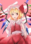  1girl back_bow blonde_hair bow cowboy_shot crystal fangs flandre_scarlet frilled_sleeves frills hat highres ie_funa large_bow medium_hair mob_cap multicolored_wings open_mouth pink_background puffy_short_sleeves puffy_sleeves red_eyes red_skirt red_vest shirt short_sleeves simple_background skirt solo teeth touhou upper_teeth_only vest white_bow white_headwear white_shirt wings 