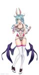 1girl :3 absurdres aburi_rare animal_ears aqua_eyes aqua_hair armpit_crease bare_shoulders belt blush breasts cleavage clothing_cutout detached_sleeves dragon_wings elira_pendora fake_animal_ears fingerless_gloves gloves hair_over_one_eye head_wings highres large_breasts linea_alba low_twintails navel nijisanji nijisanji_en open_mouth pink_belt rabbit_ears simple_background skindentation smile solo stomach_cutout strap thighhighs twintails twitter_username white_background white_thighhighs wings 