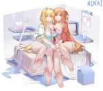  2girls alice_zuberg asuna_(sao) asymmetrical_docking bare_legs barefoot bed blonde_hair blue_dress blue_eyes blue_pajamas blue_panties bra breast_press breasts brown_eyes brown_hair dress feet foot_focus full_body hair_ornament hairclip highres holding_hands long_hair looking_at_viewer medium_breasts multiple_girls navel ninai pajamas panties pillow red_bra red_dress red_panties sleepwear soles sword_art_online sword_art_online:_alicization toes underwear very_long_hair yuri 