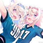 2girls :3 :d absurdres animal_ear_fluff animal_ears blonde_hair blue_hair blue_nails blue_shirt dog_ears dog_girl fangs fuwawa_abyssgard hair_ornament hairpin highres hololive hololive_english jersey long_hair looking_at_viewer medium_hair mococo_abyssgard multicolored_hair multiple_girls nail_polish obi3 open_mouth pink_hair shirt siblings sisters skin_fangs smile streaked_hair twins very_long_hair virtual_youtuber white_background 