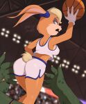  1boy 1girl animal_ears ass barleyshake blue_eyes blurry blurry_background covered_nipples feet_out_of_frame furry furry_female highres lola_bunny midriff open_mouth profile rabbit_ears rabbit_girl rabbit_tail shorts signature solo_focus space_jam tail tank_top white_shorts white_tank_top 