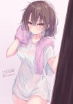  1girl absurdres bare_legs blush breasts brown_hair cowboy_shot door hair_between_eyes highres hizaka kaga_(kancolle) kantai_collection looking_at_viewer medium_breasts one-hour_drawing_challenge pink_towel shirt short_sleeves smile solo towel towel_around_neck twitter_username wet wet_hair white_shirt 