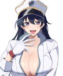  1girl absurdres bambietta_basterbine black_hair bleach bleach:_the_thousand-year_blood_war blue_eyes blush breasts cleavage collarbone commentary_request eyelashes finger_to_mouth gloves hair_between_eyes hand_up hat highres jacket kasuga_kaya korean_commentary large_breasts long_hair long_sleeves looking_at_viewer naughty_face no_bra open_clothes open_jacket open_mouth peaked_cap simple_background solo straight-on teeth tongue tongue_out upper_teeth_only v-shaped_eyebrows white_background white_gloves white_headwear white_jacket 