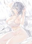  1girl absurdres adjusting_hair blue_eyes bra breasts cleavage commentary_request grey_hair highres kou_mashiro large_breasts long_hair looking_at_viewer mouth_hold navel one_eye_closed original pantyhose shirt shirt_removed sitting smile solo underwear white_bra white_pantyhose white_shirt 