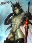  1boy abs absurdres black_hair colored_skin crown foreskin green_skin highres holding holding_sword holding_weapon long_hair looking_at_viewer male_focus mrelagan nipples orc original penis pointy_ears pubic_hair realistic red_eyes solo_focus sword weapon wide_hips 