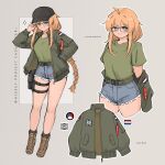  1girl absurdres adjusting_eyewear ahoge baseball_cap belt black_socks blonde_hair blue_eyes blush bomber_jacket boots braid braided_ponytail bright_pupils combat_boots czech_flag denim denim_shorts dutch_flag green_shirt grin gun handgun hat highres holster indie_virtual_youtuber jacket looking_at_viewer mole mole_under_eye multiple_views red_ribbon reference_sheet ribbon shirt shorts simple_background smile socks solo thigh_holster thighs weapon whiskey_project white_pupils xerbatt 