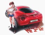  1girl absurdres alfa_romeo alfa_romeo_4c black_socks blush brown_eyes brown_hair car character_request denim denim_shorts highres long_hair long_sleeves looking_at_viewer mf_ghost mizzterbii motor_vehicle navel one_eye_closed open_mouth ponytail red_car shoes shorts smile sneakers socks solo standing white_hood 