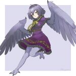  1girl absurdres ahoge bird_legs blush capelet commentary dress english_commentary feathered_wings grey_feathers grey_hair grey_wings harpy highres medium_hair meiyoshima mono_(sifserf) monster_girl open_mouth original owl_girl purple_capelet purple_dress solo standing standing_on_one_leg talons winged_arms wings yellow_eyes 