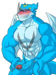  abs anthro balls bandai_namco biceps blue_body blush casual_erection casual_nudity claws deltoids digimon digimon_(species) dragon erection exveemon genitals humanoid_genitalia humanoid_hands humanoid_penis male manly muscular muscular_anthro muscular_male nude pecs penis presenting scalie smile solo teeth wings yongback00 