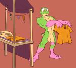  2023 2_toes amphibian anthro balls big_balls big_penis bodily_fluids brown_pupils caspar_the_frog casual_nudity cerealharem_(artist) clothing feet flaccid frog genitals glans gloves_(marking) green_body green_skin hi_res holding_clothing holding_object holding_shirt holding_topwear humanoid_genitalia humanoid_penis leg_markings looking_down male markings orange_clothing orange_eyes orange_shirt orange_topwear penis pink_body pink_glans pink_skin pupils red_background shirt simple_background smile socks_(marking) solo standing sweat sweatdrop tan_clothing tan_shirt tan_topwear toes topwear unusual_pupils yellow_balls yellow_body yellow_penis yellow_skin 