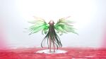  1girl barefoot blood commentary_request dress from_behind full_body green_hair green_wings hair_flaps highres long_hair saya_(saya_no_uta) saya_no_uta shokushi_yuu solo standing very_long_hair white_background white_dress wings 