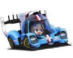  american_flag blue_eyes blue_hairband car driving glickenhaus_scg_007 gloves grey_gloves grey_jacket hairband headband highres horse_girl jacket le_mans_prototype looking_to_the_side motor_vehicle race_vehicle racecar red_headband sakusan_(ss-awesome) tamamo_cross_(umamusume) umamusume v-shaped_eyebrows vehicle_focus world_endurance_championship 