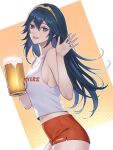 1girl alternate_costume bare_shoulders beer_mug blue_eyes blue_hair breasts cup fire_emblem fire_emblem_awakening from_side hair_between_eyes highres holding holding_cup hooters long_hair looking_at_viewer lucina_(fire_emblem) midriff mug orange_shorts shirt short_shorts shorts sideboob small_breasts smile solo symbol_in_eye tank_top tiara tori_art07 white_shirt 
