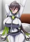  1girl absurdres arm_up bed bodysuit breasts brown_hair chain chain_leash goddess_of_victory:_nikke green_hair guilty_(nikke) hair_behind_ear highres huge_breasts leash long_hair looking_at_viewer multicolored_hair pillow purple_eyes ramiki_(ramesgoag) smile solo straitjacket two-tone_hair very_long_hair white_bodysuit 