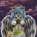  2023 abs alyk_(zardoseus) angel anthro big_breasts blue_hair breasts canid canine clothing digital_media_(artwork) female fox fur gold_(metal) gold_jewelry hair halo hi_res huge_breasts jewelry mammal muscular muscular_anthro piercing smile solo tail topwear wings zardoseus 