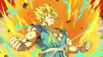  1boy absurdres artist_name aura biceps blonde_hair clenched_hands clenched_teeth commentary_request debris dougi dragon_ball electricity energy green_eyes hands_up highres horang4628 korean_commentary male_focus muscular muscular_male pectorals pink_wristband rock sash scratches solo son_goku spiked_hair super_saiyan super_saiyan_2 teeth torn_clothes twitter_username upper_body v-shaped_eyebrows white_sash wristband 