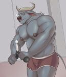  anthro belly biceps bovid bovine boxer_briefs boxer_briefs_only bulge cape_buffalo chief_bogo chococlass clothed clothing deltoids disney exercise hi_res horn inside male mammal musclegut muscular nipples pecs red_clothing red_underwear slightly_chubby solo standing topless triceps underwear underwear_only weightlifting workout zootopia 