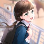  1girl backpack bag black_bag blue_jacket blunt_bangs blurry blurry_background blush bow bowtie braid brown_hair commentary_request fence french_braid green_eyes hand_up highres holding_strap jacket long_hair long_sleeves looking_at_viewer love_live! love_live!_superstar!! low_twintails malo_(mlpmpmp) open_mouth outdoors red_bow red_bowtie sakurakouji_kinako school_uniform signature smile solo sunlight teeth twintails upper_body upper_teeth_only wing_collar yuigaoka_school_uniform 