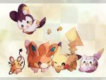  :d :o animal_focus artist_name buck_teeth checkered_background colored_skin commentary_request dedenne emolga flying grey_skin hanabusaoekaki highres letterboxed lightning_bolt_symbol no_humans one_eye_closed pawmi pikachu pokemon pokemon_(creature) sitting smile solid_circle_eyes solid_oval_eyes tail teeth togedemaru white_skin wings 
