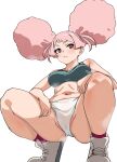 1girl absurdres atamadarurun blush breasts character_request collarbone double_bun gundam gundam_suisei_no_majo hair_bun highres large_breasts partially_visible_vulva pink_eyes pink_hair shoes simple_background sneakers squatting steaming_body stomach tagme twintails white_background 