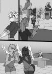  5_fingers anthro anthro_on_anthro biped bulge butt clothed clothing comic equid equine eyes_closed fingers freckles_(artist) girly group hooves horse intraspecies laugh male male/male mammal monochrome muscular muscular_anthro muscular_male open_mouth open_smile smile tail trio 