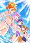  5girls absurdres ahoge animal aqua_eyes bikini blue_eyes blush bow brown_hair commentary_request eyelashes green_eyes hair_bow hair_ornament hairclip happy highres ichinose_minori itou_shin&#039;ichi jewelry kururun_(precure) laura_la_mer light_blush long_hair looking_at_viewer medium_hair mermaid monster_girl multiple_girls natsuumi_manatsu navel ocean one_eye_closed orange_hair pink_hair ponytail precure purple_eyes purple_hair red_hair ring seal_(animal) short_hair sky smile standing suzumura_sango swimsuit takizawa_asuka thumbs_up tropical-rouge!_precure wavy_hair yellow_eyes 