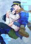 1boy 1girl absurdres ainu_clothes asirpa bandana black_hair blue_eyes boots cape earrings fur_boots fur_cape golden_kamuy haru_gaga hat highres hoop_earrings hug jewelry long_hair outdoors plaid plaid_scarf red_eyes scar scar_on_face scar_on_mouth scar_on_nose scarf snow sugimoto_saichi watermark yellow_scarf 