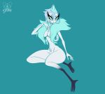 andrealphus_(helluva_boss) anthro areola avian beak bird blue_background blue_hair breasts claws crossgender feathers gatojack3 hair helluva_boss hi_res nude owl owl_demon seductive short_hair simple_background sitting skinny_female small_waist smile solo thick_thighs wasp_waist white_body white_feathers 