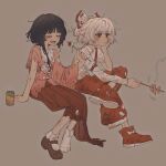  2girls :d alternate_hair_length alternate_hairstyle arm_strap arm_support black_hair bobby_socks boots bow bruise can closed_eyes closed_mouth commentary_request expressionless eyeball fujiwara_no_mokou full_body grey_background highres houraisan_kaguya injury invisible_chair long_sleeves messy_hair multiple_girls open_mouth pants pink_shirt ppire_(glaceppire) red_bow red_eyes red_footwear red_pants red_skirt severed_finger shirt shoes short_hair simple_background single_shoe sitting skewer skirt smile socks soda_can suspenders torn_clothes torn_shirt torn_skirt torn_sleeves touhou white_bow white_hair white_shirt white_socks wide_sleeves 