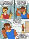  3:4 anthro bottomwear bovid bovine canid canine canis cattle cellphone clothed clothing comic coyote dialogue duo english_text footwear fully_clothed fuze hi_res holding_cellphone holding_object holding_phone locker locker_room male mammal mond_reyes phone shirt shoes shorts socks tank_top texnatsu text topwear ty_conrad 