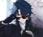  1boy adjusting_eyewear alternate_costume black-framed_eyewear black_coat black_gloves black_sleeves blade_(honkai:_star_rail) coat commentary_request earrings gloves hair_over_one_eye highres honkai:_star_rail honkai_(series) jewelry long_sleeves looking_at_viewer male_focus medium_hair parted_bangs parted_lips penyo1989 shirt solo upper_body white_shirt 