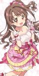  1girl :d arm_guards bare_shoulders blush bow breasts brown_eyes brown_hair choker cleavage collarbone dot_nose double_v dress dress_bow earrings floral_background flower flower_earrings gloves hair_flower hair_ornament hair_ribbon holding holding_microphone idolmaster idolmaster_cinderella_girls idolmaster_cinderella_girls_starlight_stage jewelry long_hair looking_at_viewer medium_breasts microphone nanonin one_side_up open_mouth pendant_choker pink_dress pink_flower pink_rose red_flower red_ribbon red_rose ribbon rose sash shimamura_uzuki sleeveless sleeveless_dress smile socks solo standing standing_on_one_leg v white_background white_choker white_flower white_gloves white_rose white_socks yellow_flower yellow_rose 