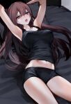  1girl armpits arms_up bed black_shorts black_tank_top blue_eyes breasts brown_hair commentary_request cowboy_shot highres long_hair looking_at_viewer lying midriff_peek on_back on_bed open_mouth original pillow short_shorts shorts solo sweat tank_top tarutaru_yamaoka thighs 