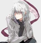 1boy accelerator_(toaru_majutsu_no_index) anninn_do_fu closed_mouth commentary_request electrodes fur_trim grey_background grey_shirt hand_up jacket long_sleeves looking_at_viewer male_focus medium_hair open_clothes open_jacket red_eyes shirt sideways_glance simple_background solo toaru_majutsu_no_index white_hair 