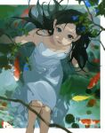  1girl absurdres animal arm_support bare_shoulders black_hair blue_flower blurry branch breasts dappled_sunlight depth_of_field dress feet_out_of_frame fish flower from_above highres knees_up koi long_hair looking_at_viewer oekaki_taro original outside_border parted_lips partially_submerged pond ripples sitting sleeveless sleeveless_dress small_breasts solo sundress sunlight water wet white_dress 