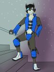  anthro clothed clothing footwear fuze hand_on_hip hi_res jde_ringtail male mammal navel procyonid raccoon shoes skimpy solo stairs step_pose 