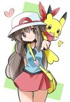  1girl arm_behind_back brown_eyes brown_hair closed_mouth cowboy_shot hair_between_eyes hat heart highres leaf_(pokemon) long_hair miniskirt outstretched_arm pikachu pokemon pokemon_(creature) pokemon_(game) pokemon_frlg rascal red_skirt skirt smile solo split_mouth standing thigh_gap white_headwear 