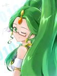  1girl artist_name bare_shoulders clear_glass_(mildmild1311) commentary_request earrings eyelashes glasses green_eyes green_hair green_haired_cure_(wonderful_net_precure)_(happinesscharge_precure!) hair_ornament happinesscharge_precure! happy highres jewelry long_hair looking_at_viewer magical_girl one_eye_closed precure signature smile solo twitter_username very_long_hair 