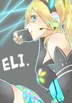  1girl animal_ear_headphones animal_ears ayase_eli bare_shoulders black_gloves black_thighhighs blonde_hair blue_eyes blue_nails blush breasts cat character_name closed_mouth commentary_request dress elbow_gloves fake_animal_ears fingerless_gloves gloves hair_between_eyes headphones highres idol idol_clothes kashikaze love_live! love_live!_school_idol_festival love_live!_school_idol_project medium_breasts medium_hair nail_polish outline ponytail skindentation solo strapless strapless_dress thighhighs white_outline 