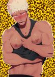  1boy bara black_tank_top blonde_hair blush crying crying_with_eyes_open haiki_(tegusu) highres large_pectorals male_focus male_lactation muscular muscular_male navel nipples open_mouth original pectorals short_hair simple_background solo tank_top tears upper_body 
