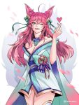  1girl ahri_(league_of_legends) animal_ear_fluff animal_ears bare_shoulders bell breasts cleavage cowboy_shot facial_mark finger_heart fox_ears fox_tail hair_bell hair_ornament hand_up japanese_clothes kimono large_breasts league_of_legends long_hair looking_at_viewer pink_hair ribbon sawolapril smile solo spirit_blossom_ahri tail teeth whisker_markings 