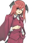  1girl ;d alternate_costume blush breasts buttons eyes_visible_through_hair ginnkei hair_between_eyes hand_in_pocket head_wings highres jacket koakuma large_breasts long_hair looking_at_viewer nail_polish one_eye_closed pants pink_eyes red_hair red_jacket red_nails red_pants red_vest shirt simple_background smile solo suit_jacket touhou v-shaped_eyebrows vest white_background white_shirt wing_collar wings 