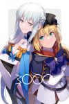  2girls artoria_caster_(fate) artoria_caster_(second_ascension)_(fate) artoria_pendragon_(fate) belt beret black_bow black_dress blonde_hair blue_cape blue_eyes blue_headwear blush bow braid breasts buttons cape choker cleavage collarbone crossed_arms dress echo_(circa) fate/grand_order fate_(series) french_braid gold_trim green_eyes grey_hair hair_bow hat hood hooded_cape large_breasts long_hair long_sleeves morgan_le_fay_(fate) multicolored_cape multicolored_clothes multiple_girls pelvic_curtain ponytail red_cape sidelocks small_breasts twintails two-tone_dress very_long_hair white_dress wide_sleeves 