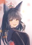  1girl animal_ears black_hair black_nails black_sailor_collar blue_archive breasts eshijanoo fingerless_gloves fox_ears fox_girl gloves hair_ornament halo highres leaning_back looking_at_viewer looking_to_the_side open_mouth sailor_collar solo wakamo_(blue_archive) yellow_eyes 