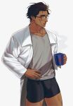  1boy alternate_costume bespectacled boxers brown_hair bulge casual cheekbones coffee_mug cowboy_shot cup dark-skinned_male dark_skin glasses hair_strand hand_on_own_hip highres lab_coat large_pectorals male_underwear marvel miguel_o&#039;hara montaro mug muscular muscular_male pectorals short_hair solo spider-man:_across_the_spider-verse spider-man_(series) thick_eyebrows thick_thighs thighs underwear 