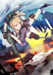  1girl blonde_hair bolt_action commentary girls&#039;_frontline gloves gun hairband highres holding holding_gun holding_weapon long_hair medal military military_uniform mineta_naoki ponytail red_eyes rifle russian_flag sniper_rifle solo sv-98 sv-98_(girls&#039;_frontline) uniform weapon 